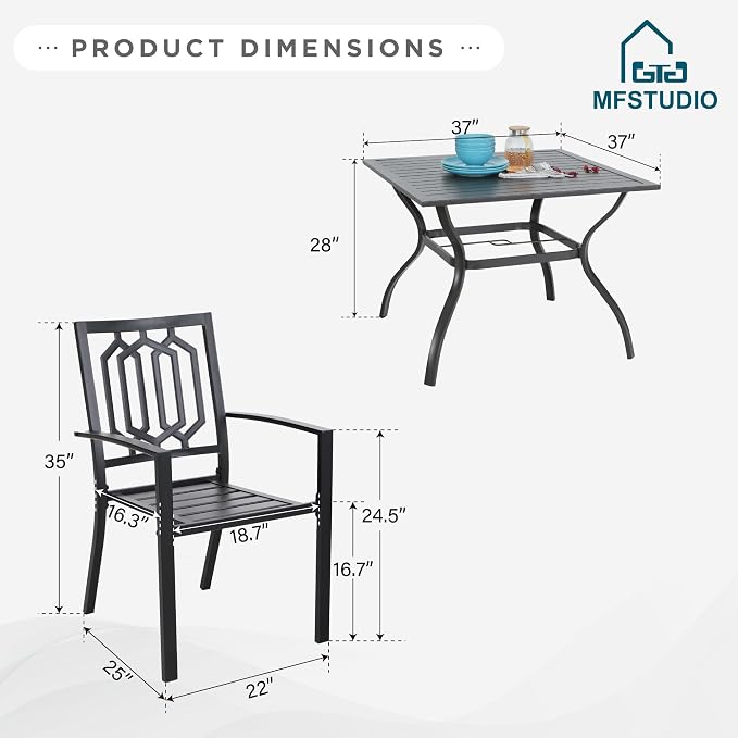 MFSTUDIO Outdoor Table and Chairs for 4, Outdoor Dining Set with Umbrella Hole, Metal Patio Furniture Set for Deck/Backyard/Poolside/Garden