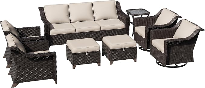 8 Pieces Patio Conversation Furniture Set - 1 Sofa, 2 Ottomans, 2 Armchairs, 2 Swivel Chairs, 1 Side Table, Outdoor Wicker Furniture with Removable Cushions for Porch, Sunroom (Beige)