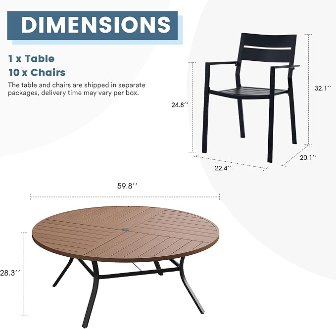 DIFY 11 Piece Outdoor Patio Dining Set for 10, 59.8" Round Dining Table with Umbrella Hole and Stackable Metal Chairs, Patio Table and Chairs Set for Backyard Garden Poolside, Walnut & Black