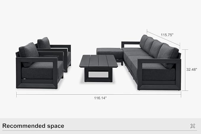 PURPLE LEAF Patio Furniture Set Open-End Outdoor Couch with 9.6" Thick Cushion and Soft Pillows 8 Piece Outdoor Sectional Sofas with Table Modern Outdoor Conversation Sets for Yard Porch Deck, Grey