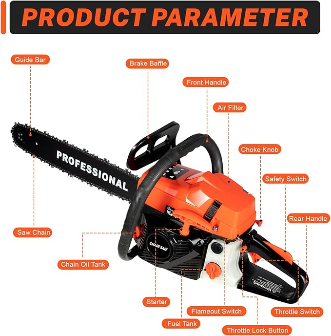 58cc Chainsaw 20" Bar Powered Engine 2.6kW 2 Stroke Gasoline Chain Saw with Automatic Chain Oiler+Chain Brake, Woodworking Saw Cutting Job Gas Powered for Cutting Wood/Outdoor/Garden/Farm