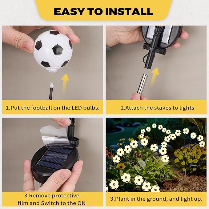 Solar Football Garden Lights – Swaying LED Solar Lights Outdoor for World Cup Decor, Outdoor Waterproof Patio & Yard Lights with Flexible Wire & Heavy Base, Warm White (4 Pack)