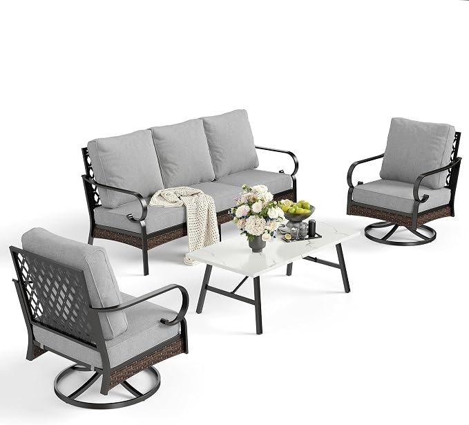 SUNSHINE VALLEY 4 PCS Metal Outdoor Patio Furniture Set, Patio Conversation Sets 1 3-Seater Sofa, 2 Swivel Chairs with 5.75" Extra Thick Cushion & Coffee Table, Black Backyard Furniture, Light Gray