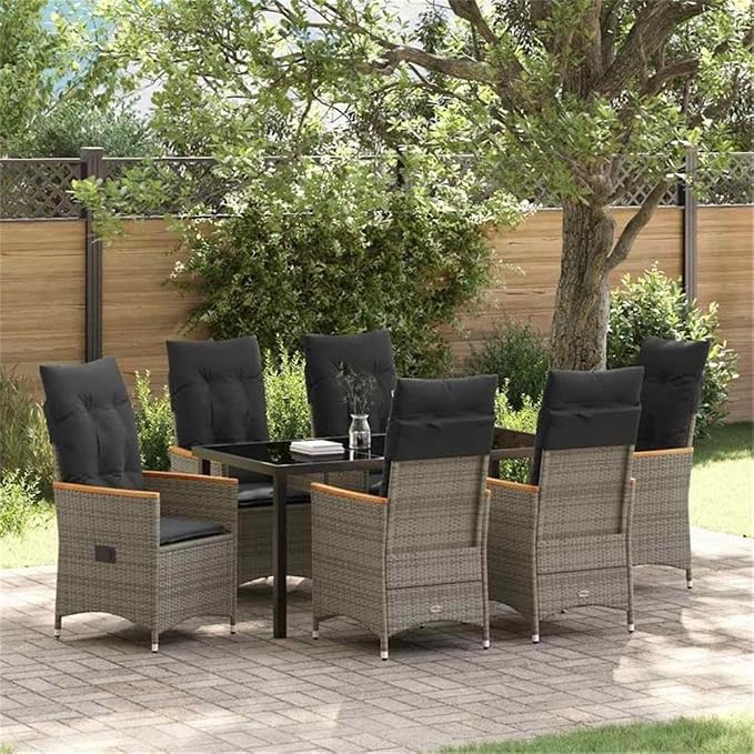 Afuera Living 7 Piece Poly Rattan Patio Dining Set, Gray Finish, Steel Frame with Powder-Coated Coating, Tempered Glass Table, Removable Cushioned Seats, Modern Outdoor Furniture for Garden or Patio