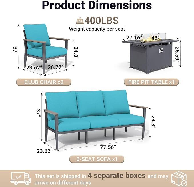 Aluminum Outdoor Patio Furniture Set, 4-Piece Outdoor Sofa with 5.1" Thick Cushions, 55,000 BTU Propane Fire Pit Table, Outdoor Couch for Balcony, Porch, Blue