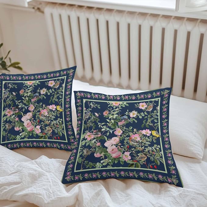 Vandarllin Outdoor Throw Pillows Covers 16x16 inch Set of 2 Waterproof Pink Floral Bird Decorative Zippered Cushion Covers for Patio Furniture, Green Leaves Branches Navy Blue Lumbar Pillowcases