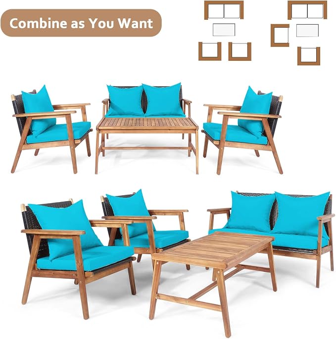 Tangkula 4-Piece Patio Furniture Set, Outdoor Acacia Wood Conversation Set with Cushions and Coffee Table, Outdoor PE Wicker Sectional Sofa Set for Garden, Poolside and Backyard (1, Turquoise)
