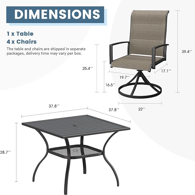 DIFY 5 Piece Outdoor Patio Dining Set for 4, 37.8" Black Square Metal Dining Table and Swivel Patio Chairs with Brown Padded Textilene, All-Weather Outdoor Furniture Set for Garden Backyard Porch