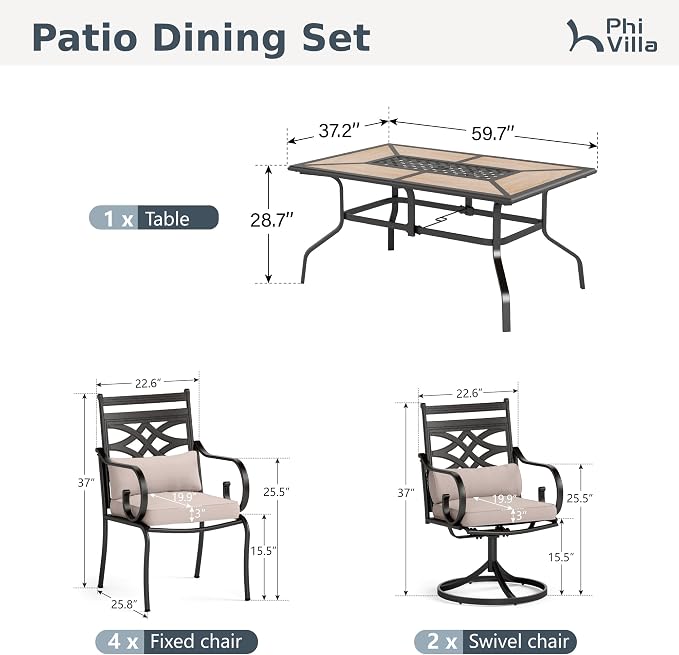 PHI VILLA Patio Dining Set, for 6, Swivel Chairs | E-Coated and Steel, Rectangle Table, Beige Cushion, 1.57in Umbrella Hole