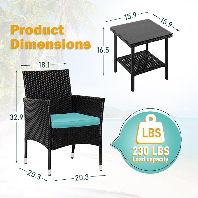 PayLessHere Set of 3 Outdoor Furniture Set Heavy Duty Patio Furniture Set Sturdy Conversation Set with 2 Rattan Chairs Glass Top Coffee Table Seat Cushions for Coffee Bar Poolside Patio Outdoor, Blue