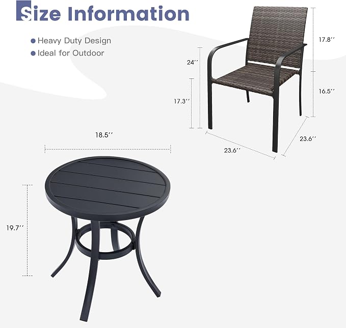 VICLLAX 3 Pieces Small Patio Dining Set, 2 Outdoor Wicker Dining Chairs and Small Round Patio Table with Storage Shelf for Backyard Lawn Deck, Black Tabletop
