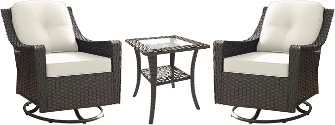 3 Pieces Patio Swivel Chairs & Side Table, Patio Wicker Chairs with Water-Resistant Cushion for Porch Outdoor PE Rattan Furniture Set