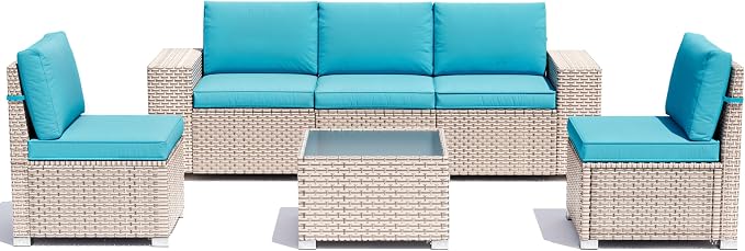 6 Pieces Patio Furniture Set, Outdoor Sectional Wicker Sofa with Thickened Cushions and Coffee Table, High Back Rattan Patio Conversation Sets for Garden Backyard, Cyan
