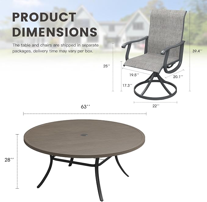 Outdoor Dining Set for 8, 63" Metal Round Outdoor Dining Table with Umbrella Hole and Sling Patio Swivel Chairs, 9 Pieces Patio Table and Chairs Set for Garden, Grey