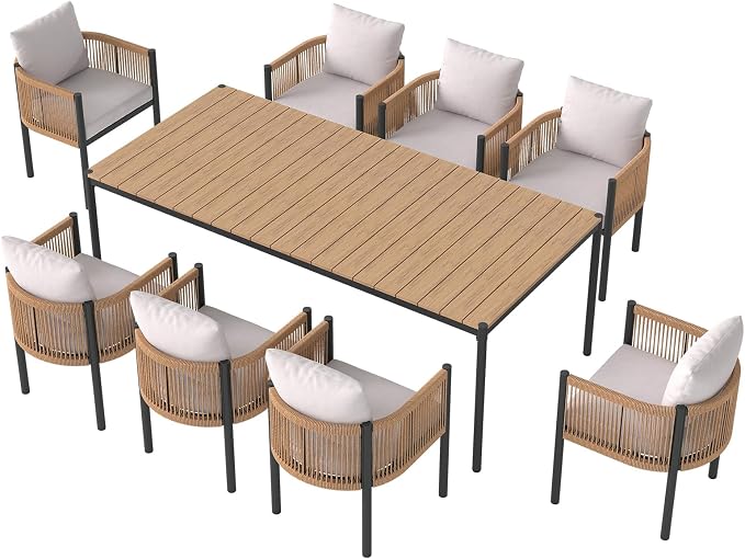 SUNSITT 9 Piece Outdoor Patio Dining Set, Patio Dining Furniture Set with 82.6” Metal Dining Table w/WPC Tabletop and 8 Patio Woven Rattan Chairs w/Curved Armrest for Garden, Beige