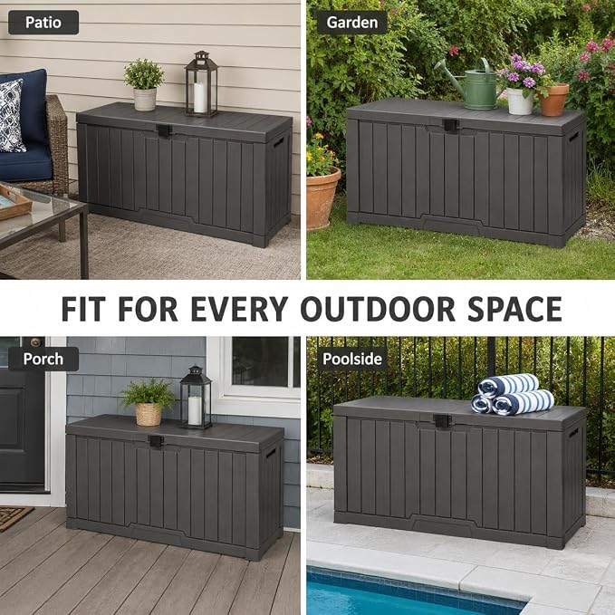 Outdoor Storage Box, Waterproof Deck Box with Buckle Lock, Patio Storage Box for Cushions and Outdoor Toy Storage, 30/60/80/100/120 Gallon PP Bench or Side Table for Patio Garden Backyard(30 Gallon)