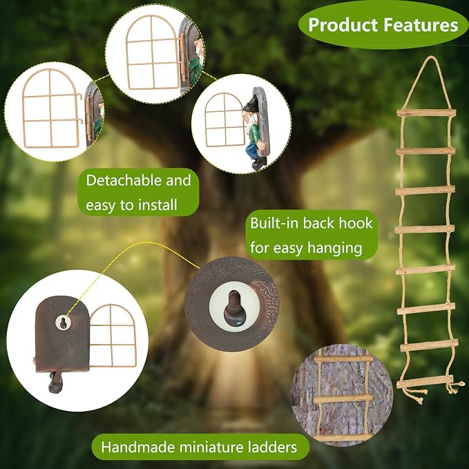 Garden Gnomes Decoration Outdoor Tree Faces Decor with Hanging Ladder for Yard, Elf Out The Door Tree Hugger Figurine Resin Garden Sculpture Ornament Whimsical Gnome Decor for Patio Yard Lawn