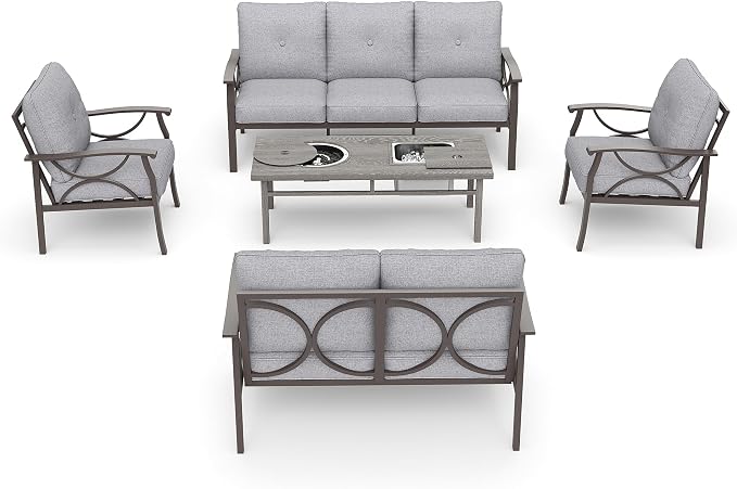 RoyalCraft Outdoor Patio Furniture Set, 5 Piece Patio Conversation Set with Fire Table and Ottomans, Metal Furniture Set for Porch Backyard Garden, Grey