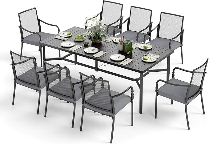 SUNSHINE VALLEY Patio Table and Chairs Set of 8, All-Weather Breathable Metal Mesh Patio Chair with Gourd-Shaped Armrests, 83x39 Rectangle Table with Umbrella Hole, 9 Pcs Metal Frame Patio Dining Set