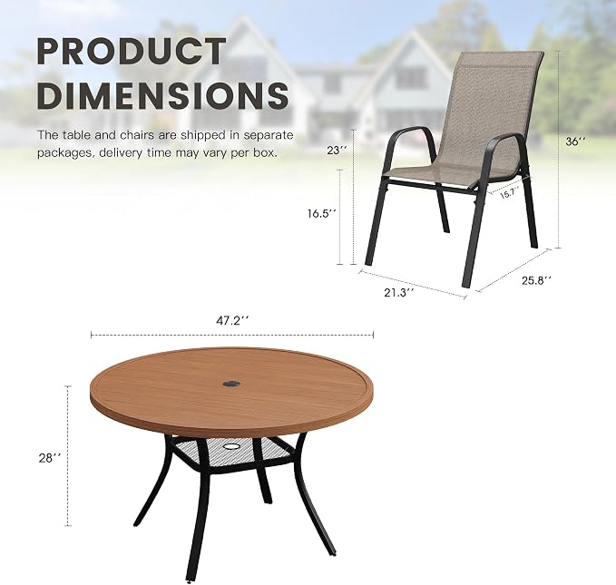 7 Pieces Outdoor Dining Set, 47.2" Round Table with Umbrella Hole & Stackable Patio Dining Chairs, Patio Table and Chairs Set for Deck Garden Porch, Brown Chairs & Walnut Table