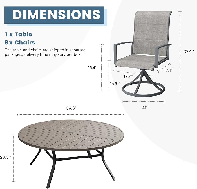 DIFY 9 Piece Outdoor Dining Set, Metal Patio Table and Chairs Set, 59.8" Grey Wood-Like Round Dining Table & 8 Grey Padded Textilene Swivel Patio Chairs, Outdoor Furniture Set for Garden Backyard
