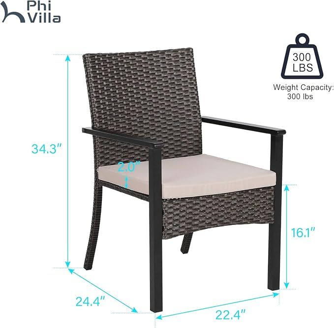 PHI VILLA Wicker Patio Dining Chairs Set of 6 with Removable Cushions | 6 Rattan dining chairs with thick removable seat cushions. Sturdy steel frame, easy assembly.