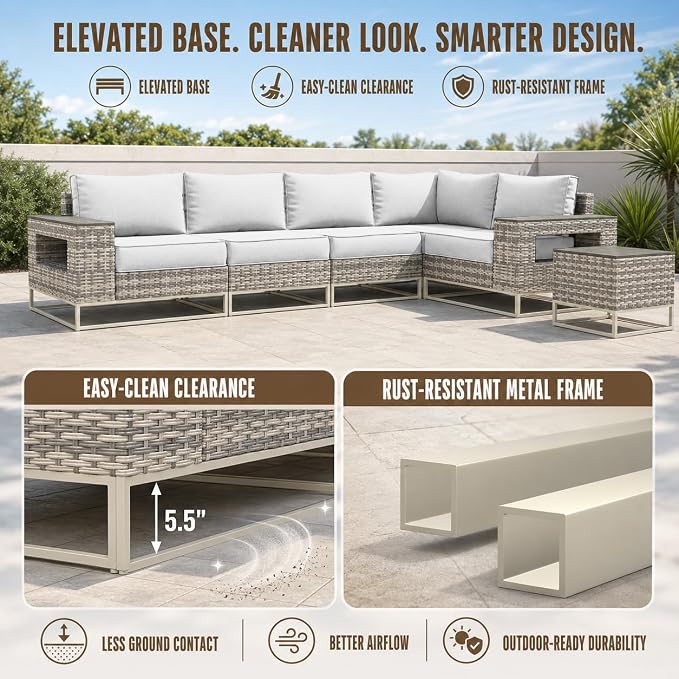 6-Piece Outdoor Patio Furniture Set, Gray PE Wicker Outdoor Sectional Sofa with Storage Armrests & 5.5" Thick Cushions, L-Shaped Couch for Deck, Porch, Backyard, Ivory White