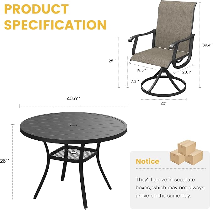 VICLLAX Patio Dining Set for 4, 5 Pieces Outdoor Furniture Includes 40.6" Round Patio Table with Umbrella Hole and 4 Outdoor Swivel Chairs for Lawn Garden, Black Tabletop and Mixed Brown Fabric