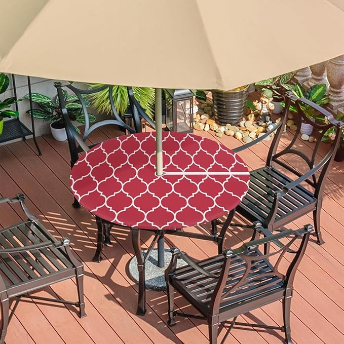 Round Tablecloth with Umbrella Hole and Zipper Moroccan Pattern Outdoor Elastic Fitted Table Cloth 36"-44" Oil-Proof Waterproof Burgundy Red Patio Table Cover for Picnic Party