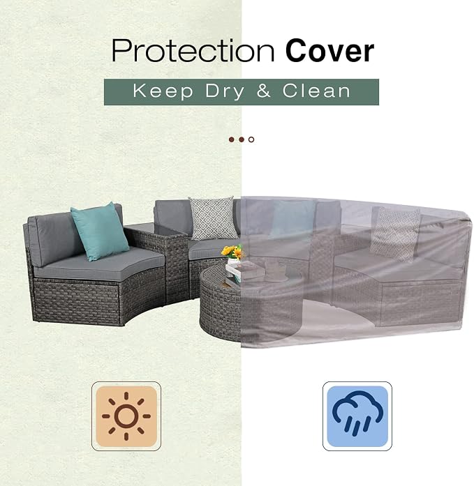 SUNSITT Outdoor 7-Piece Half-Moon Sectional Furniture Set with Round Coffee Table, Patio Curved Sofa Set, Grey Cushion and Grey Wicker, Incl. Waterproof Cover