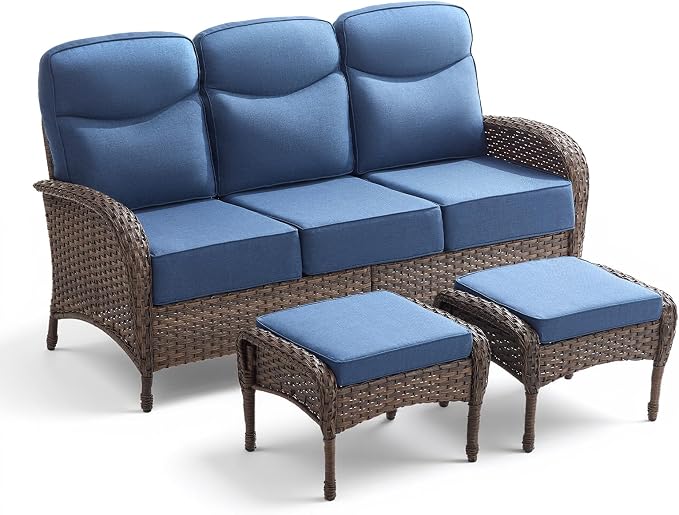 3 Pieces Luxury Patio Furniture Sofa Set with 6-Inch Thick Cushions, Outdoor Wicker Patio Furniture Covered Couch with Multifunctional Ottoman, Patio Conversation Set for Porch Garden, Blue