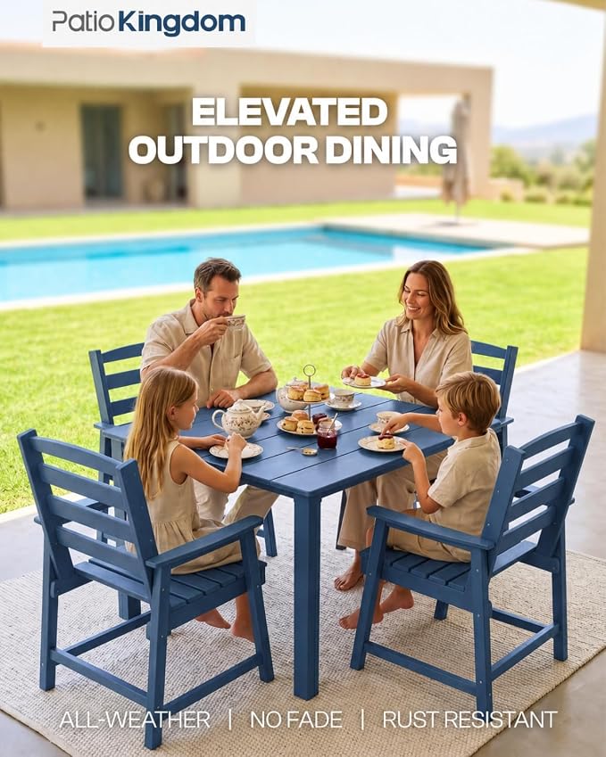 HDPE Outdoor Dining Set for 4, Armchairs, Navy | All-Weather HDPE, Wood Grain Finish, 42.5" Square Table, Built-In Umbrella Hole, Seats 4, Patio & Poolside Ready