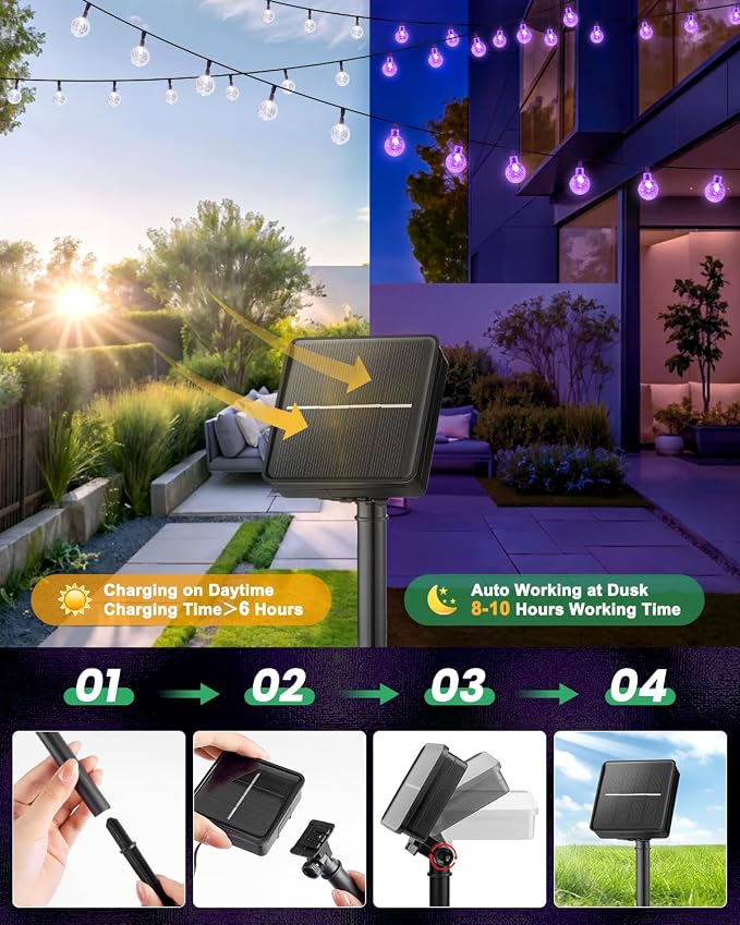 Brightown Purple Solar Halloween Lights - 60 Led 36 Feet Crystal Globe String Lights with 8 Modes, Waterproof for Outdoor Garden Yard Porch Decor