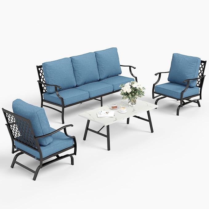 SUNSHINE VALLEY 4 Piece Metal Outdoor Patio Furniture Set, Patio Conversation Set 1 3-seater Sofa, 2 Rocking Chair with 5.75" Extra Thick Cushion and Coffee Table, Black Frame Backyard Furniture, Navy