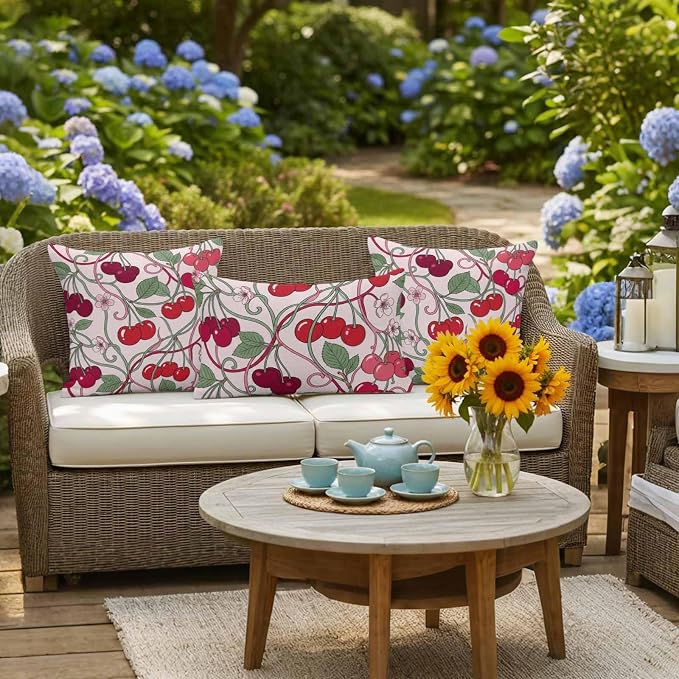 Red Cherry Outdoor Pillow Covers 24"x24" Set of 2, Vintage Red Cherry Pink Floral Vines Pink Waterproof Throw Pillow Covers for Patio Furniture, Decorative Cushion Covers for Porch