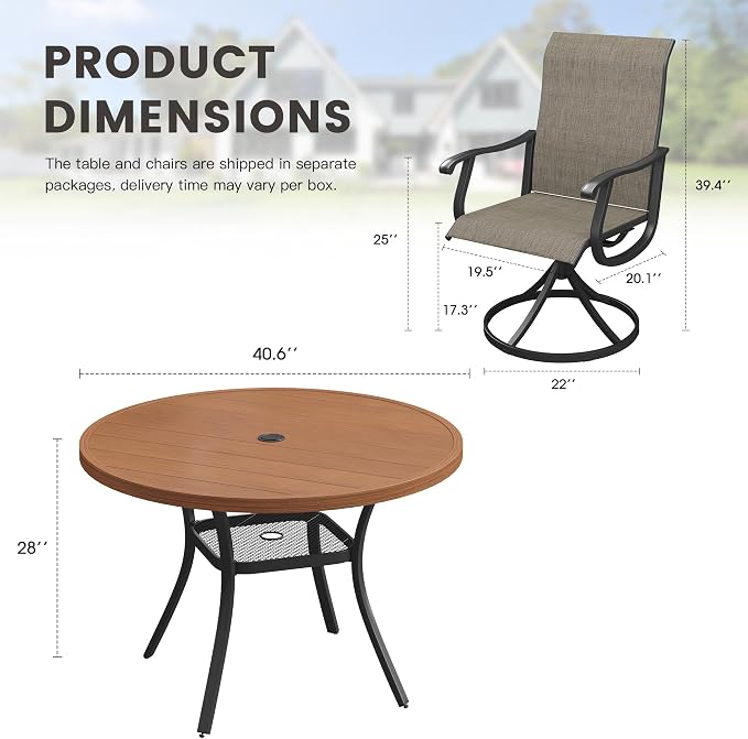 Outdoor Dining Set for 4, 40.6" Metal Round Outdoor Dining Table with Umbrella Hole and Sling Patio Swivel Chairs, 5 Pieces Patio Table and Chairs Set for Garden, Mixed Brown and Walnut