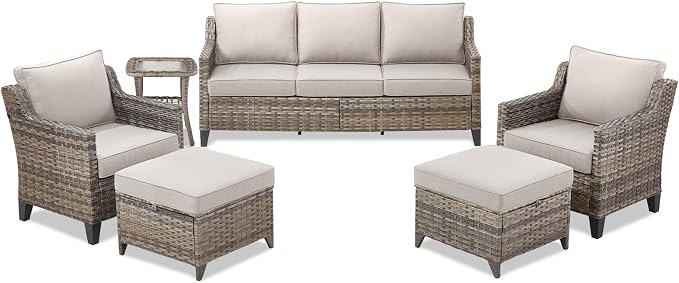 Buenhomino Outdoor Patio Furniture Set-PE Wicker Sofa Couch with Ottomans Comfy Cushions, All Weather High Back Patio Conversation Set for Porch Deck Balcony Garden Grey/Beige