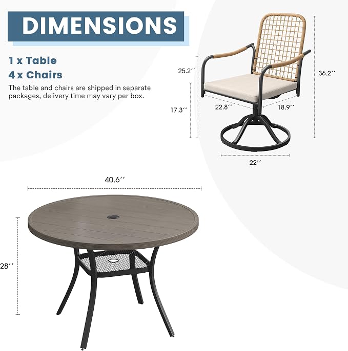 DIFY 5 Pieces Outdoor Dining Set for 4, 40.6" Round Dining Table with Umbrella Hole & Wicker Swivel Patio Chairs with Cushions, Metal Patio Table and Chairs Set for Backyard Porch, Grey Wood-Like