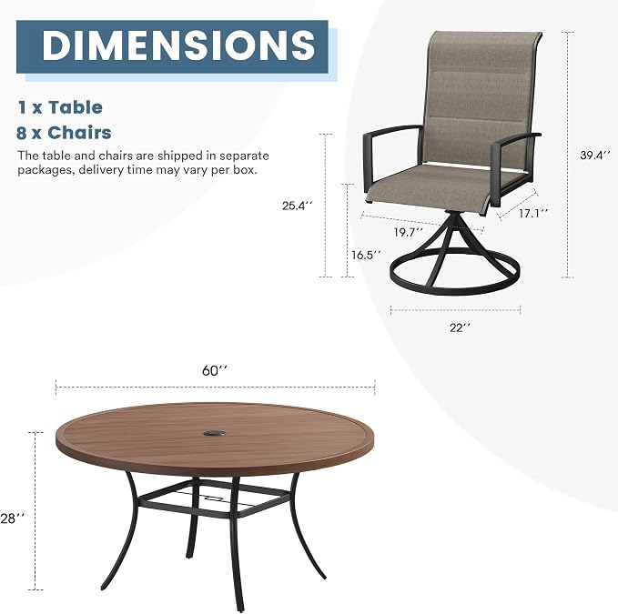 DIFY 9 Piece Outdoor Patio Dining Set for 8, 60" Walnut Round Metal Dining Table and Swivel Patio Chairs with Brown Padded Textilene, All-Weather Outdoor Furniture Set for Garden Backyard Porch