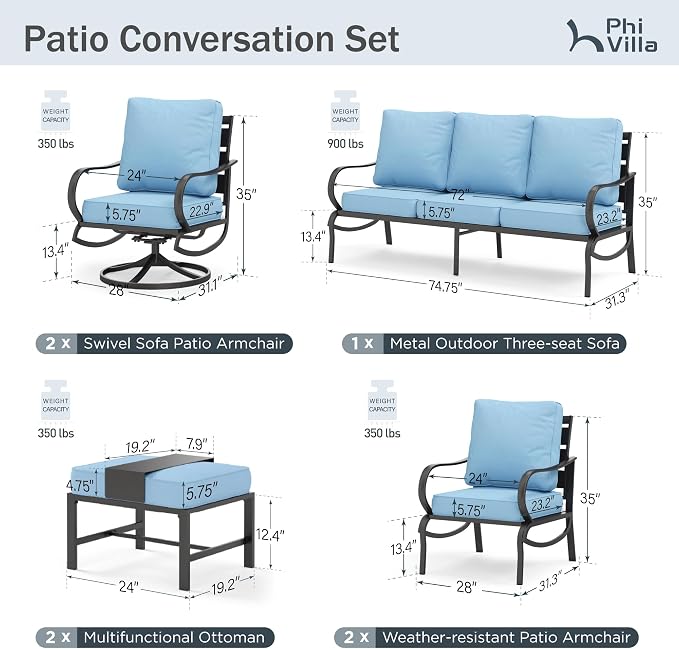 PHI VILLA 7 PCS Patio Furniture Set,Metal Outdoor Furniture with 1x 3 Seater Cushioned Deep Seating Bench Sofa, 2 Swivel Chair, 2 x Leg Sofa Chairs & 2 Ottoman for 7 Person, Light Blue
