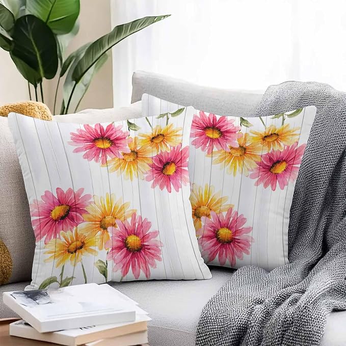 Yellow Pink Daisy Outdoor Pillow Covers 16"x16" Set of 2, Rustic Farmhouse Wooden Slats Waterproof Throw Pillow Covers for Patio Furniture, Decorative Cushion Covers for Porch