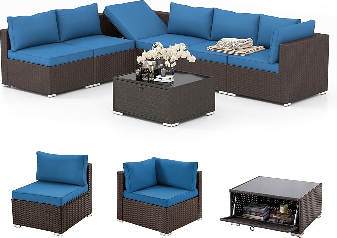 HOMREST 7 Piece Patio Furniture Set with Adjustable Bracket All-Weather Wicker Conversation Set with Coffee Table for Porch Garden Backyard (Blue)