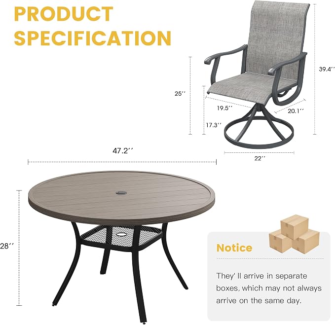 VICLLAX Patio Dining Set for 6, 7 Pieces Outdoor Furniture Includes 47.2" Round Patio Table with Umbrella Hole and 6 Outdoor Swivel Chairs for Lawn Garden, Grey Wood Grain Tabletop and Grey Fabric