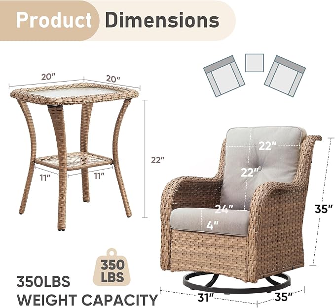 Outdoor Swivel Rocker Patio Chairs-Wicker Patio Swivel Chairs Set of 2 with Side Table PE Rattan Patio Furniture Set for Porch Deck Balcony Garden-Yellow/Beige
