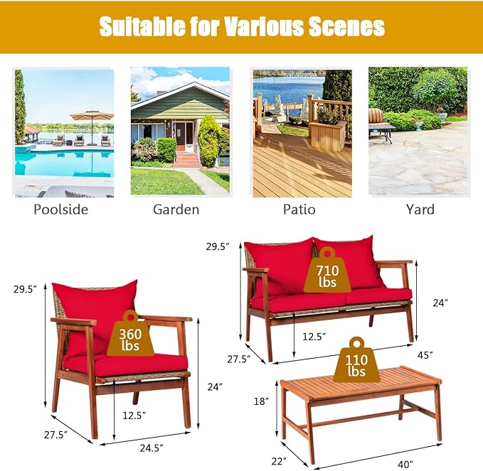 HAPPYGRILL 4PCS Outdoor Rattan Sofa Set Acacia Wood Frame Conversation Set with Coffee Table, Sectional Furniture Set with Cushions for Backyard Porch Garden Poolside Balcony