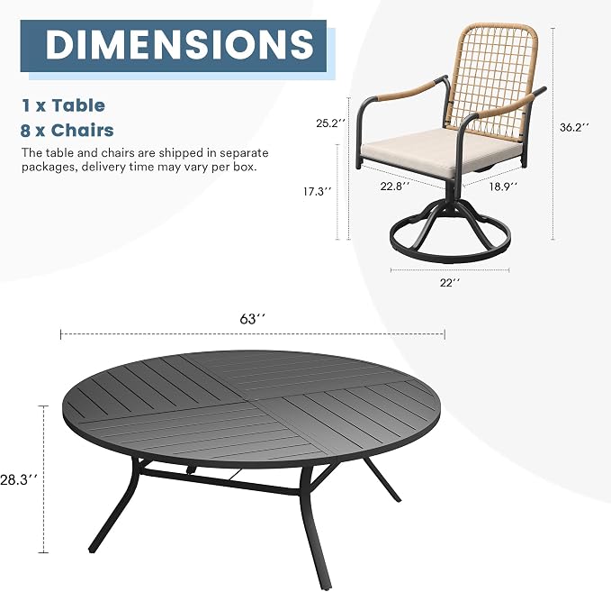 DIFY 9 Pieces Outdoor Dining Set, Metal Patio Table and Chairs Set for 8, 63" Round Dining Table with Umbrella Hole & Wicker Swivel Patio Chairs with Cushions, Black Tabletop