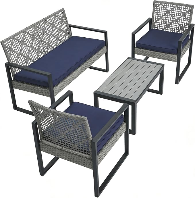 COOS BAY Haven Lounge 4 Piece Rattan Patio Furniture Set, Outdoor Wicker Patio Conversation Set for Balcony & Backyard, Light Gray/Blue