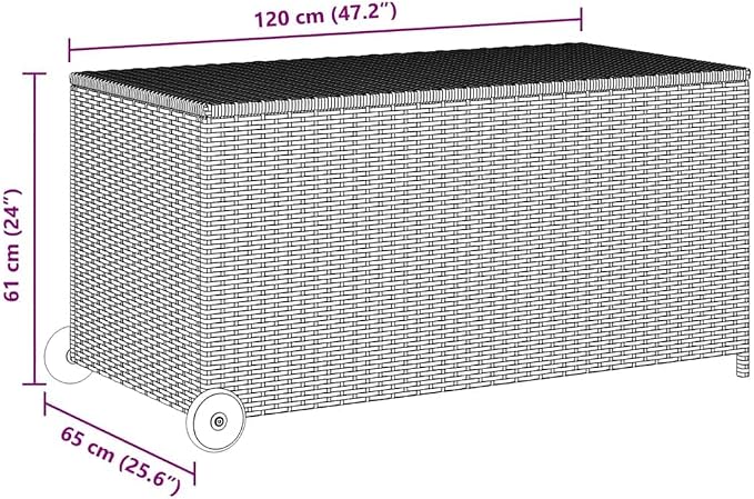 Poly Rattan Garden Storage Box with Wheels, 47.2x25.6x24 Inch Waterproof Deck Box for Patio, Cushion Storage with Inner Bag and Wooden Handle