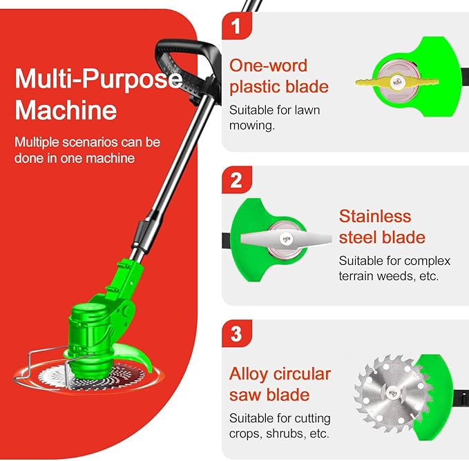 Weed Wacker, Electric Weed Wacker Cordless Trimmer,Grass Trimmer Stingless Lightweight Grass Weedeater Battery Powered 3 Types Blades,2 Batteries, 1 Chargerfor Lawn, Yard, Garden (red)