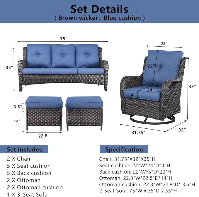 Belord 5 Piece Wicker Patio Furniture Set, Outdoor Swivel Rocker Chairs Set of 2 with Ottomans and 3 Seater Sofa, All Weather Patio Conversation Furniture Set, for Porch Pool, Brown Wicker/Blue